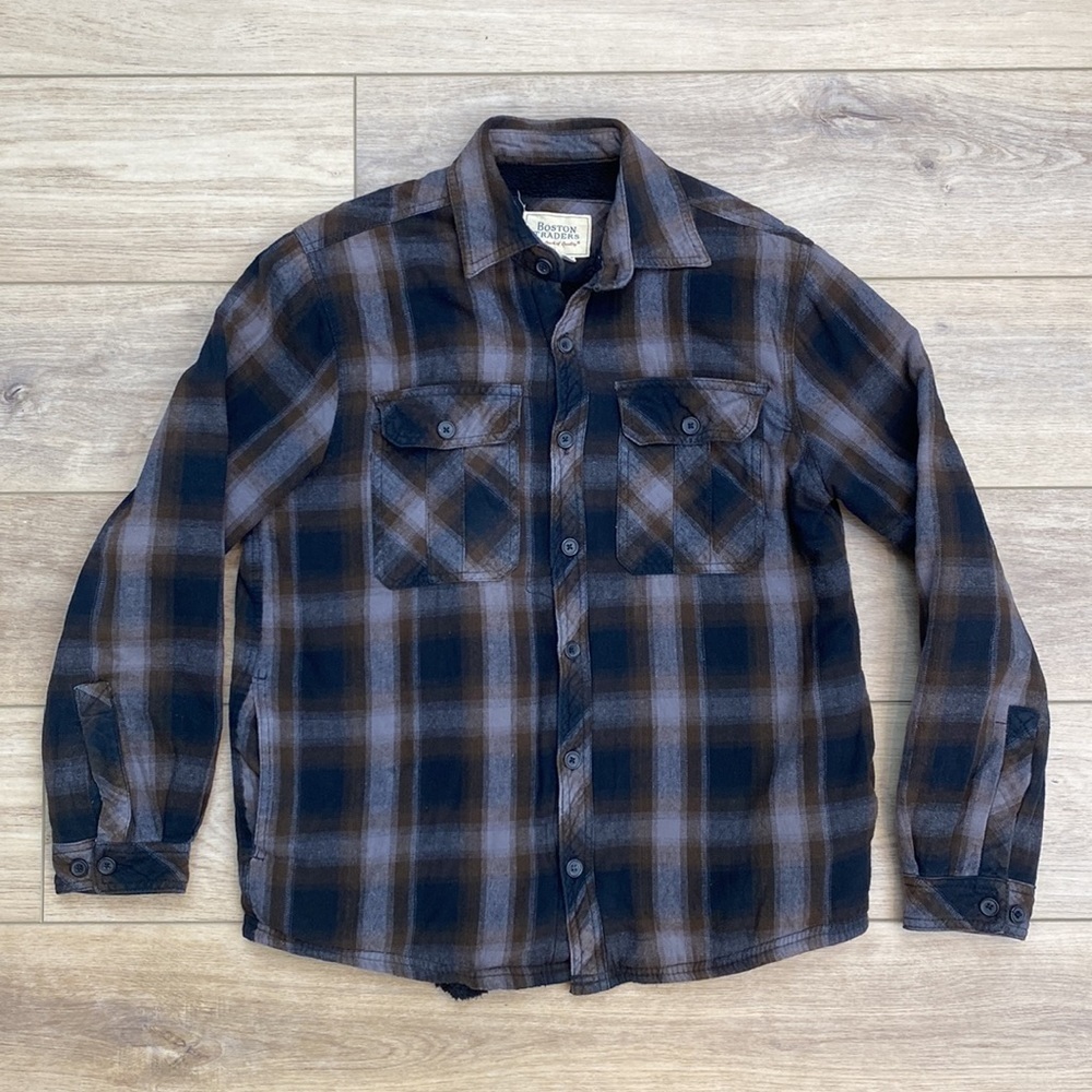 Boston Traders Sherpa Plaid Flannel Shacket Shirt Jacket Grunge Casual Lined